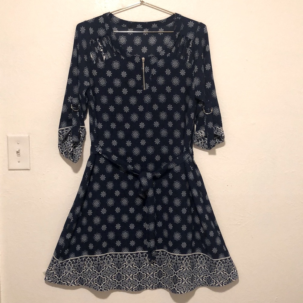 Navy Blue 3/4 Sleeve Belted Dress